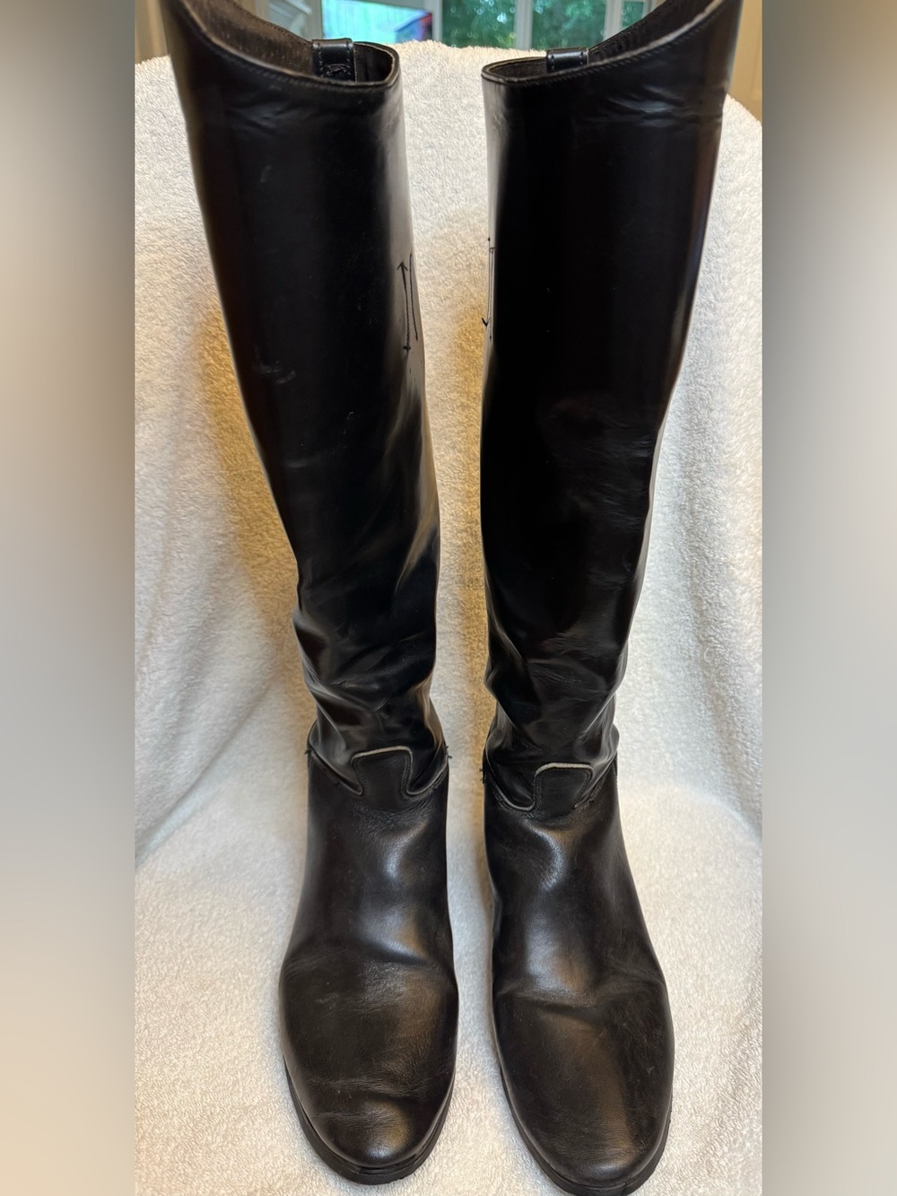Vtg Black Leather English Riding Boots Tall 9B Made in USA with Boot Hooks